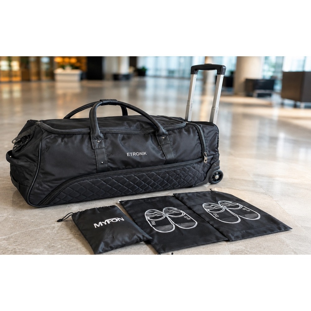 Etronik Black Rolling Duffel Bag Travel Weekender with Shoe Bags & Pillow